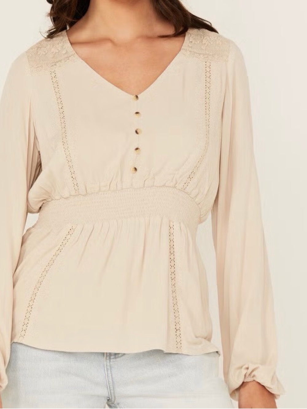 Women's Cream V-Neck Smocked Waist Lace Long Sleeve Blouse